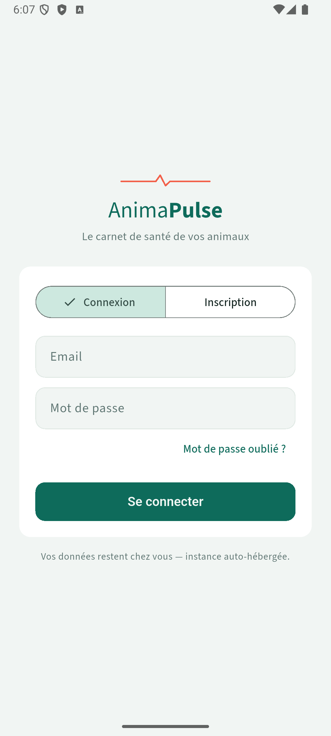 L'écran de connexion d'AnimaPulse sur un téléphone